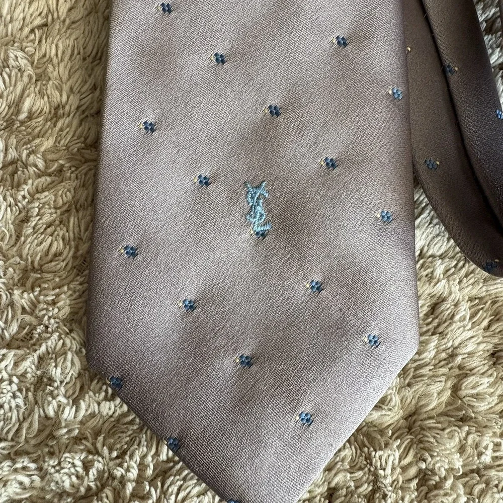 Vintage YSL Yves Saint Laurent Tan Blue Embroidered Logo Floral Dots Silk 70's